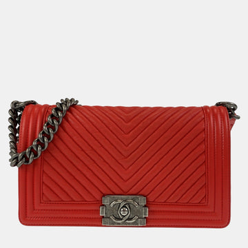 Red Leather Chevron Medium Boy Shoulder Bag