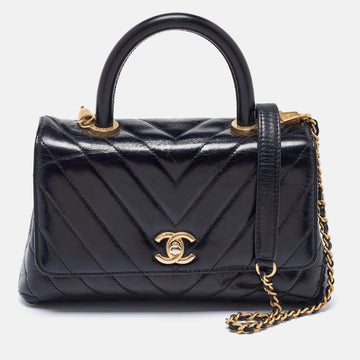 Black Chevron Glazed Leather Mini Coco Top Handle Bag