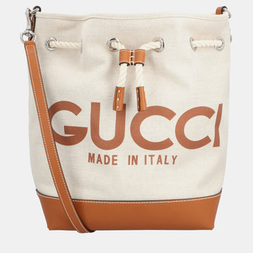 Beige/Brown Canvas and Leather Logo Bucket Bag