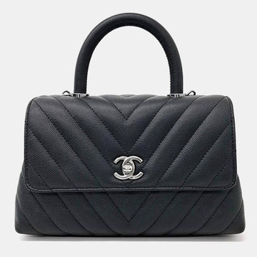 Black Caviar Leather Chevron Coco Handle Bag