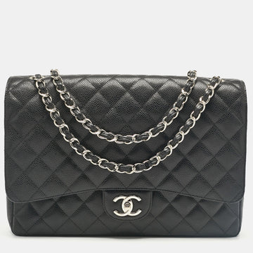 Black Caviar Leather Maxi Classic Double Flap Bag
