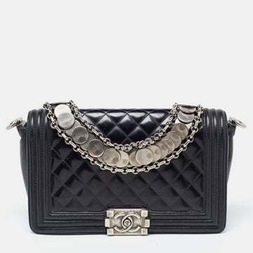Black Quilted Patent Leather Medium Boy Bag