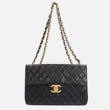 Black Leather XL Maxi Flap Shoulder Bag