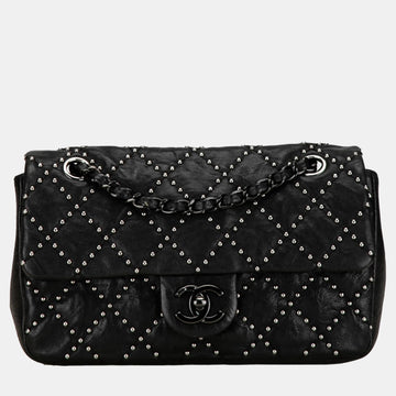 Black Washed Lambskin Studded Metal Beauty Flap