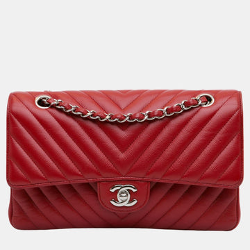Red Chevron Leather Medium Classic Double Flap Bag