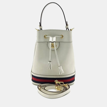 Ivory/Navy Blue/Red Leather Ophidia Small Bucket Bag