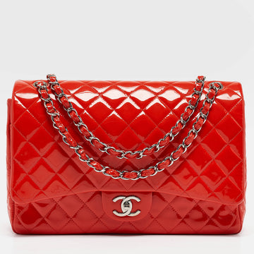 Orange Quilted Patent Leather Maxi Classic Double Flap Bag