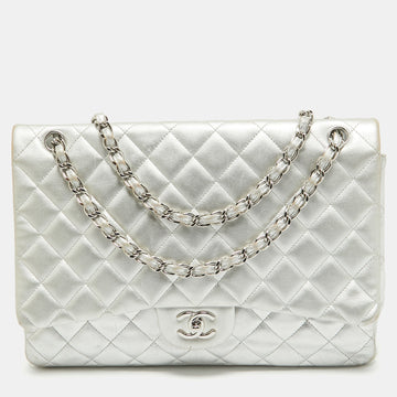 Silver Quilted Leather Maxi Classic Single Flap Bag