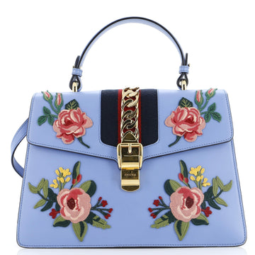 GUCCI Sylvie Top Handle Bag Embroidered Leather Medium