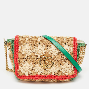 Multicolor Straw and Leather GG Marmont Crochet Shoulder Bag