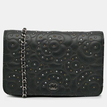 Black Leather Studded Camellia Wallet On Chain