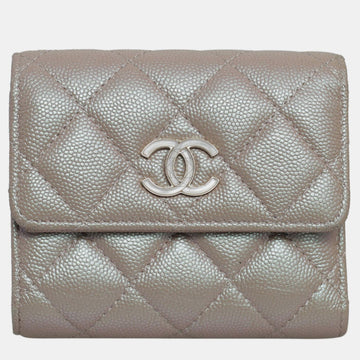 Beige Irridescent Caviar Tri-Fold Wallet