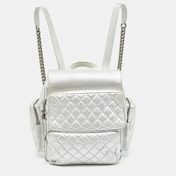 Silver Quilted Leather Casual Rock Airline Backpack