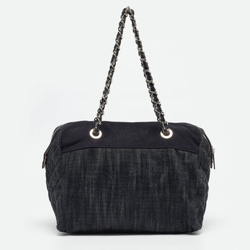 Dark Blue Quilted Denim Bowler Bag