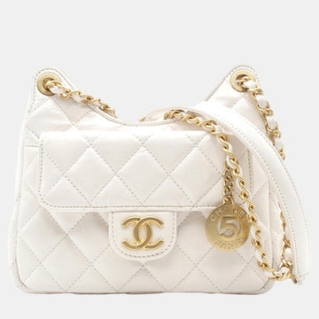 White Small CC Crumpled Calfskin Wavy Hobo