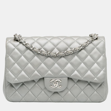 Silver Jumbo Classic Lambskin Double Flap