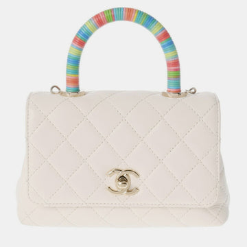 White Quilted Lambskin Mini Rainbow Coco Top Handle Bag