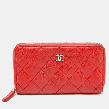 Orange Quilted Caviar Leather Zip Around Wallet