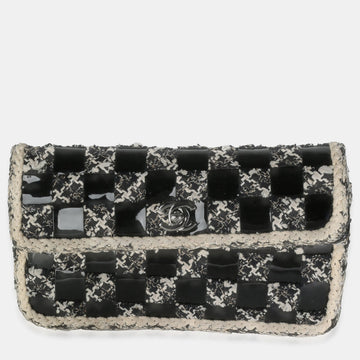Black White Tweed Woven Patent Medium Flap Bag