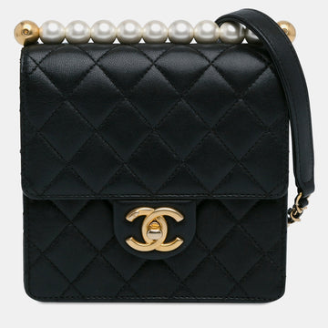 Black Lambskin Leather Small Chic Pearls Flap Bag