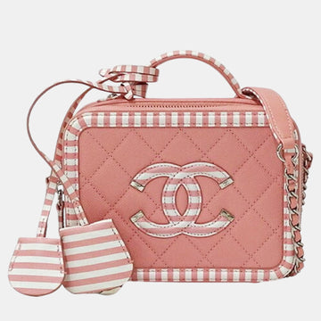 Pink White Grained Calfskin CC Filigree Chain Handbag