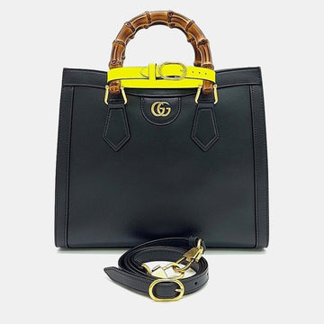 Black Leather Diana Bamboo Small Tote Bag