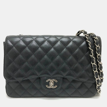 Black Caviar Leather Jumbo Classic Single Flap Shoulder Bag