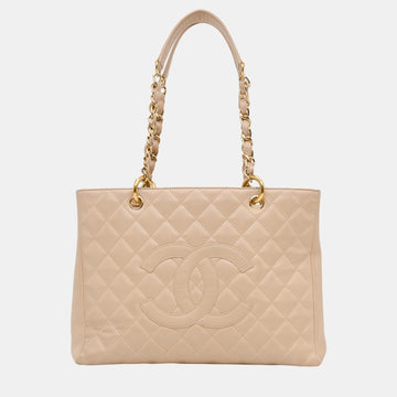 Beige Caviar Leather Grand Shopping Tote Bag