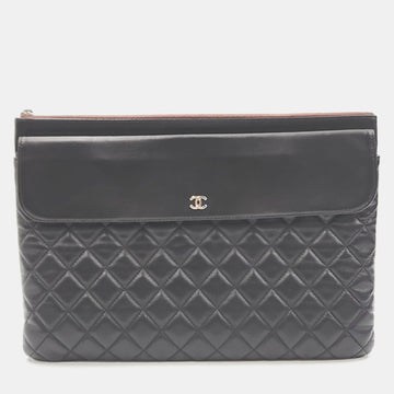 Black Lambskin Leather Pocket Flap Clutch Bag