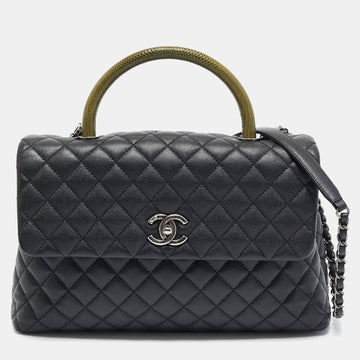 Black/Green Quilted Caviar Leather and Lizard Large Coco Top Handle Bag
