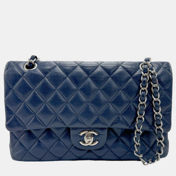 Navy Blue Leather Medium Classic Double Flap Shoulder Bag