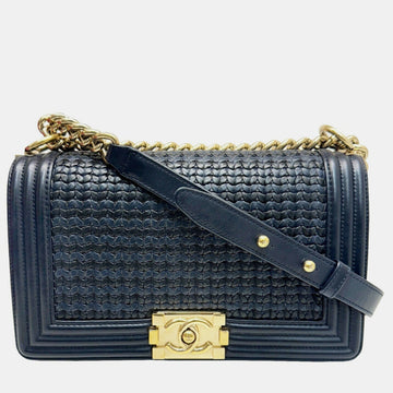 black navy leather Boy knitted chain shoulder bag