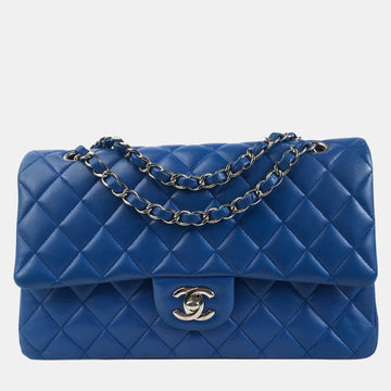 Blue Lambskin Leather Medium Classic Double Flap Shoulder Bags