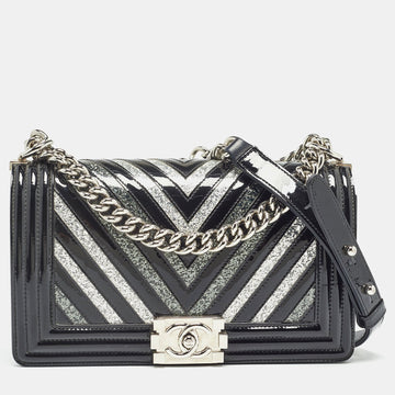Black/Silver Chevron Patent Leather Medium Boy Flap Bag