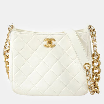 White Quilted Leather CC Hobo Bag