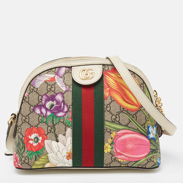 Off White/Beige GG Supreme Canvas Small Floral Ophidia Shoulder Bag