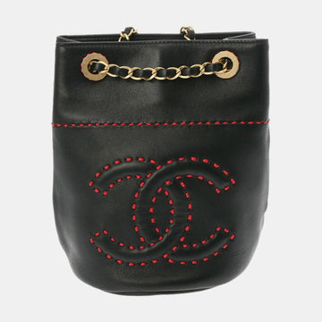 Black Leather CC Drawstring Bucket Bag