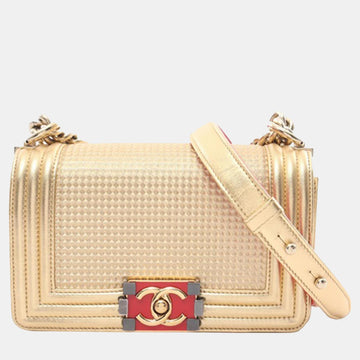 Gold Lambskin Leather Small Embossed Cube Boy Flap Bag