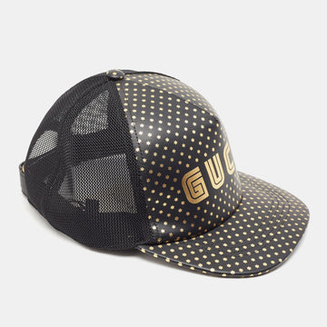 Black Guccy Stars Print Leather & Mesh Baseball Cap M