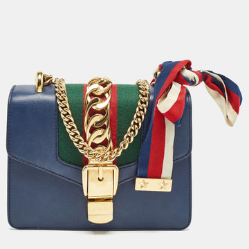 Blue Leather Mini Web Chain Sylvie Crossbody Bag