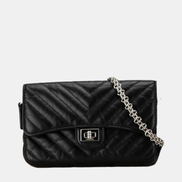 Black Lambskin Chevron V-stitch Chain Shoulder Bag
