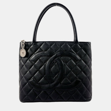 Black Caviar Leather  Medallion Tote Bag