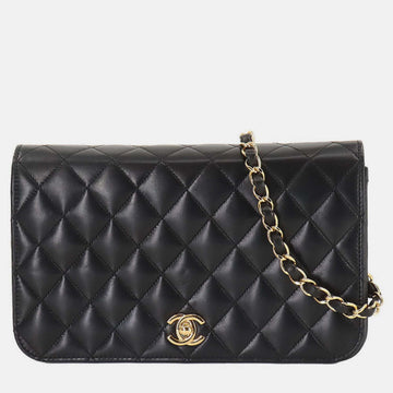 Black Leather Turn Lock Matelasse Chain Shoulder Bag