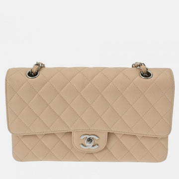 Beige Caviar Skin Matelasse Chain Shoulder Double Flap 25cm Bag