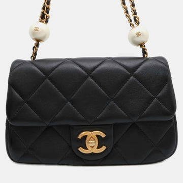 Black Lambskin Faux Pearl Matelasse Pearl Ball Flap Bag Size Small