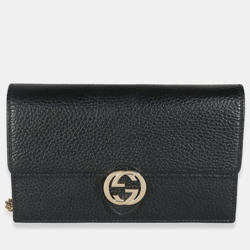 Black Leather Interlocking G Chain Wallet on Chain Bag