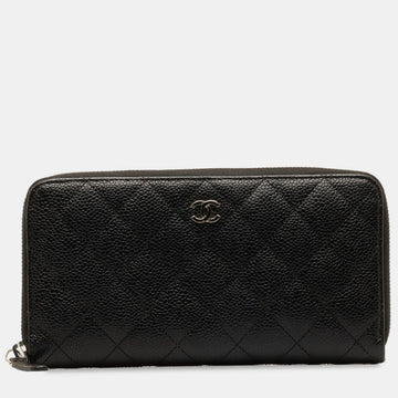 Black Leather Quilted Caviar Zip Around Wallet