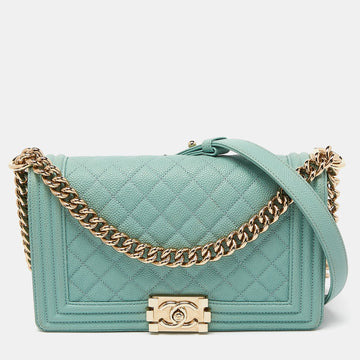 Green Quilted Caviar Leather Medium Boy Flap Bag