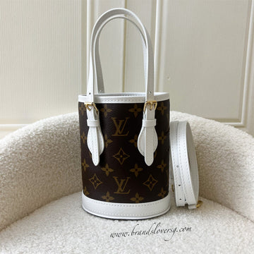 LV Nano Bucket Bag with Top Handle in White Leather and Monogram Canvas GHW (No Attached Pouch)