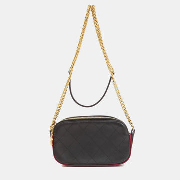 Black Calfskin Grosgrain Stitched Button Up Camera Shoulder Bag